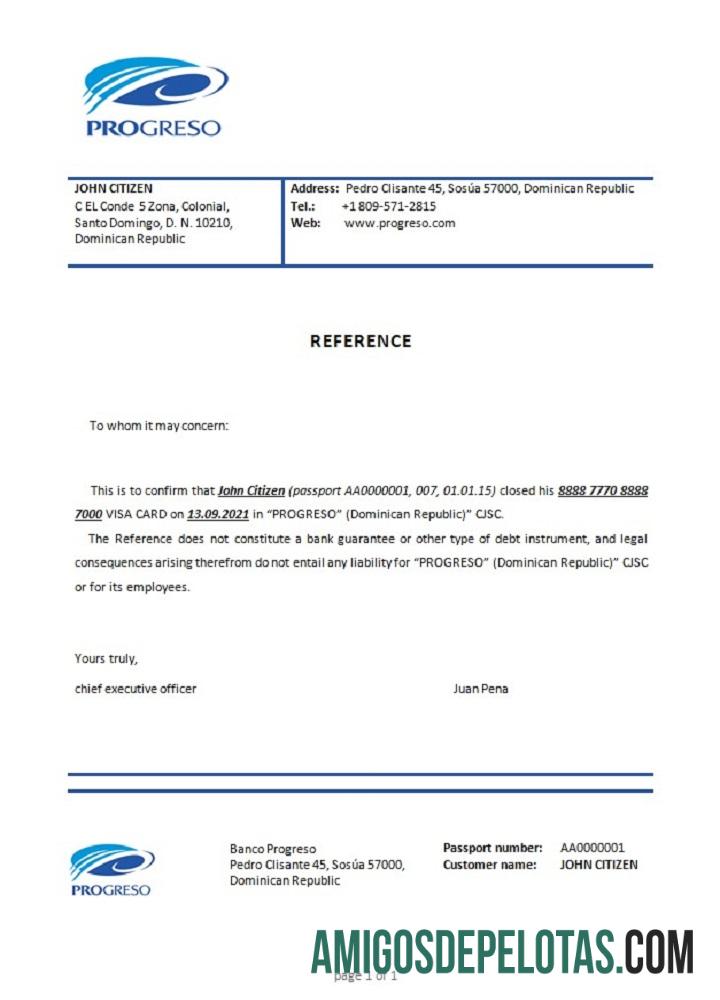 Referência de fechamento do Dominicia Banco Progreso exemplo real